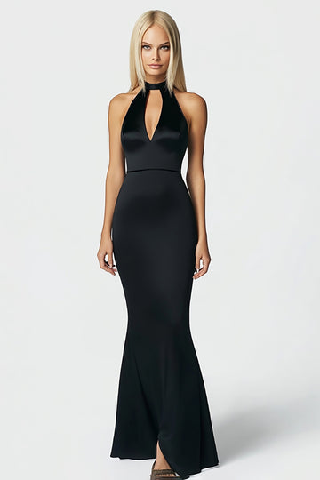 Halter Mermaid Cut Out Black Tie Dress